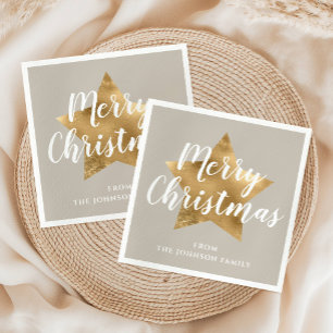 Festive Taupe Gold Star Christmas Napkin