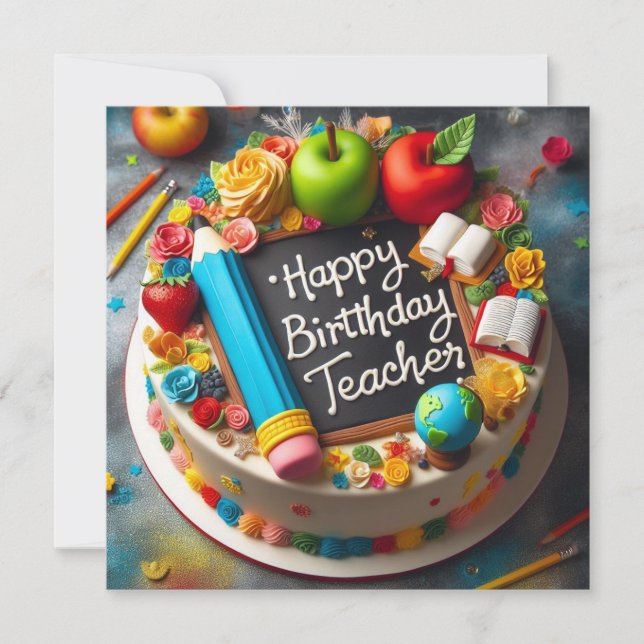 FESTIVE TEACHER THEME BIRTHDAY CAKE CARD (Front)