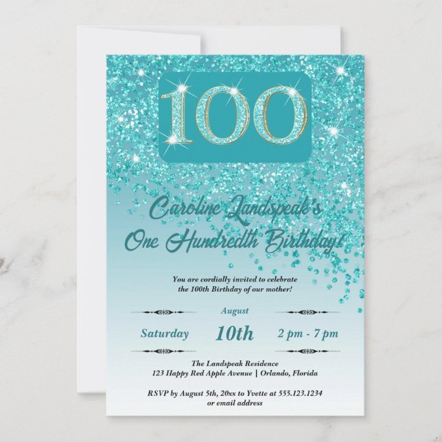 Festive Teal Blue Glitter 100th Birthday Invitation (Front)