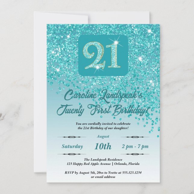 Festive Teal Blue Glitter 21st Birthday Invitation (Front)