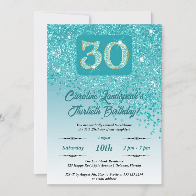 Festive Teal Blue Glitter 30th Birthday Invitation (Front)