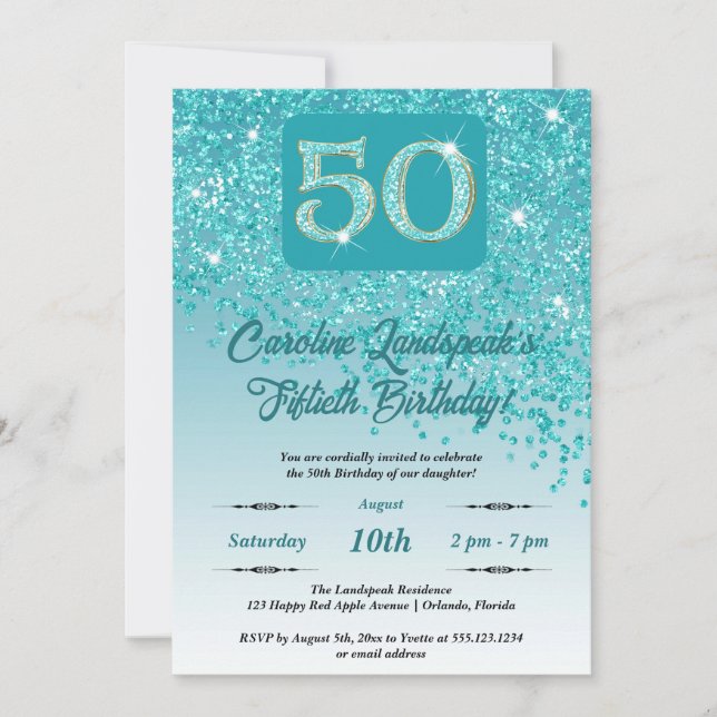 Festive Teal Blue Glitter 50th Birthday Invitation (Front)