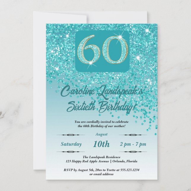 Festive Teal Blue Glitter 60th Birthday Invitation (Front)