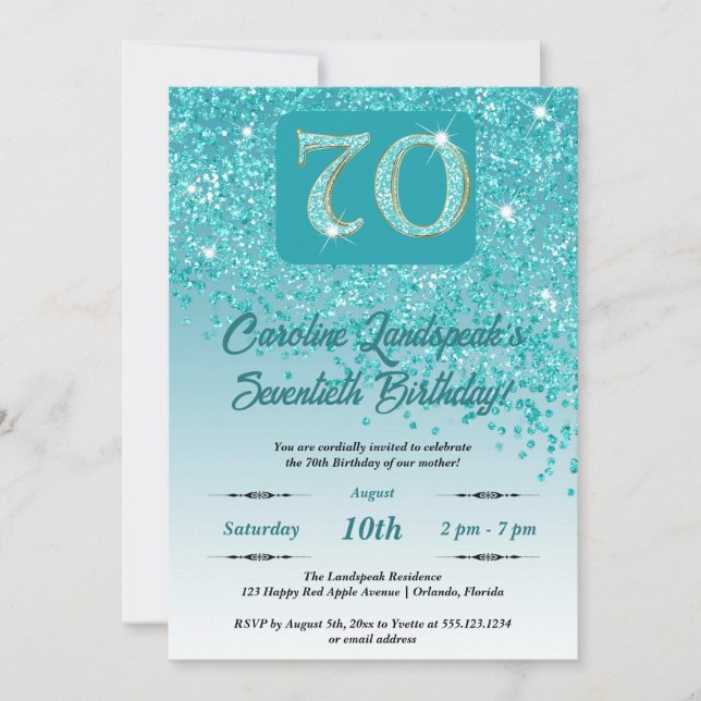 Festive Teal Blue Glitter 70th Birthday Invitation (Front)