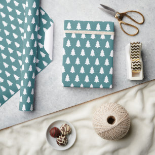 Festive Teal Blue White Christmas Tree pattern Wrapping Paper