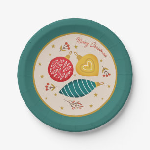 Festive Teal & Gold Christmas Ornaments Stars Paper Plate