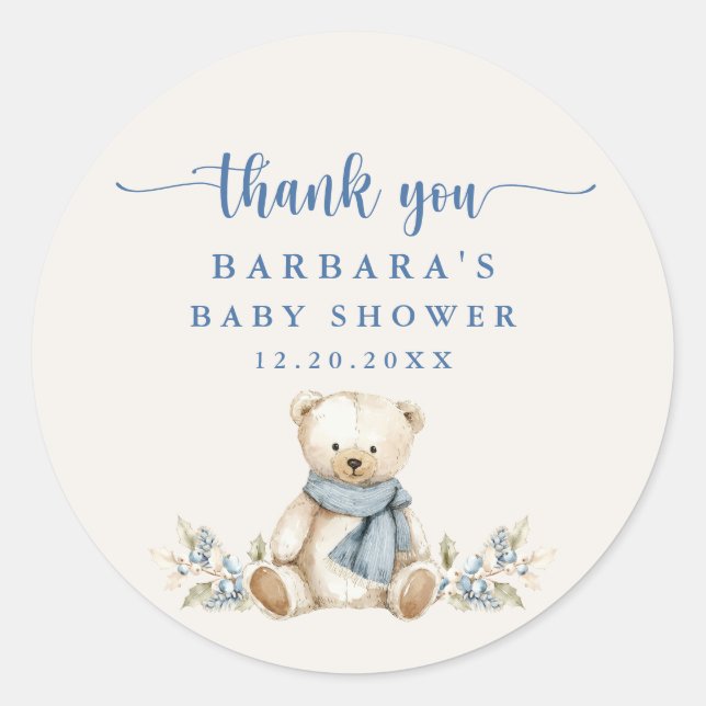Festive Teddy Bear Beige Baby Shower Thank You Classic Round Sticker (Front)