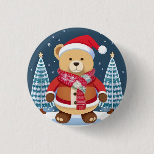 Festive Teddy Bear With Santa Hat 3 Cm Round Badge