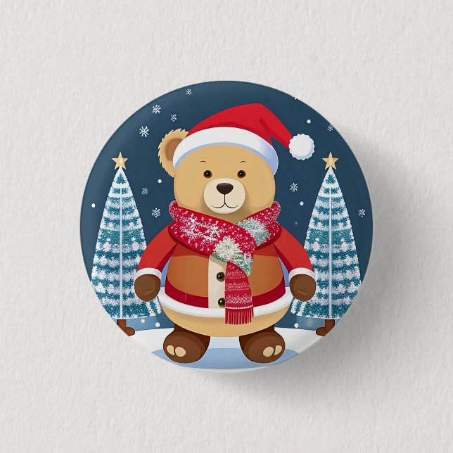 Festive Teddy Bear With Santa Hat 3 Cm Round Badge (Front)