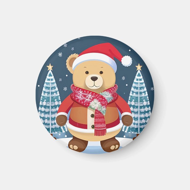 Festive Teddy Bear With Santa Hat Magnet (Front)