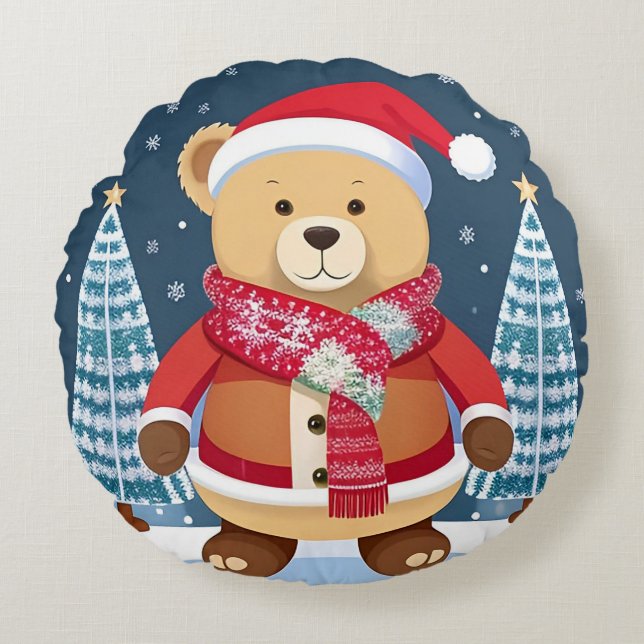 Festive Teddy Bear With Santa Hat Round Cushion (Front)