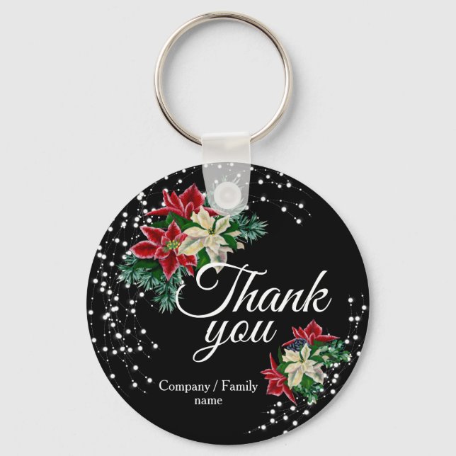 Festive Thank You Floral Poinsettia Black Key Ring (Front)