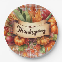 Festive Thanksgiving Gingham Paper Plate