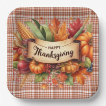 Festive Thanksgiving Gingham Square Paper Plate 