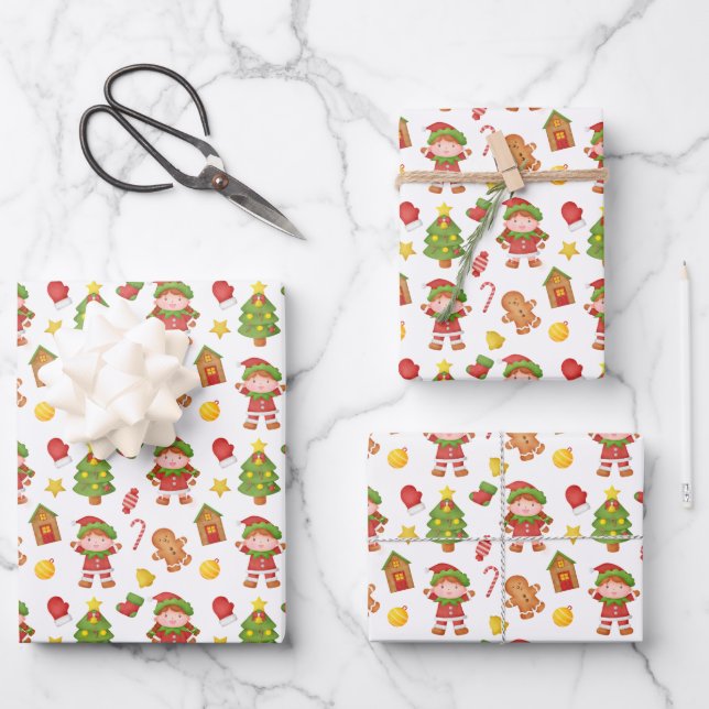 Festive tiled Christmas girl elf pattern Wrapping Paper Sheet (Front)
