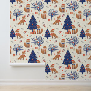 Festive tiled Christmas pattern fox Wallpaper