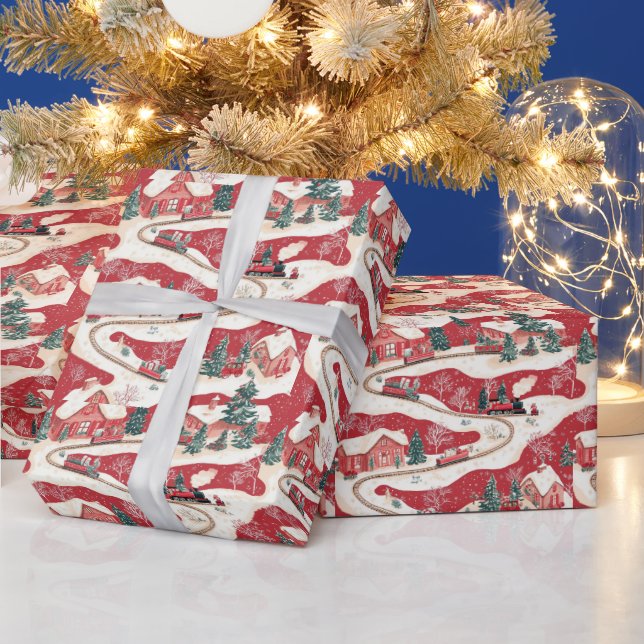 Festive tiled Christmas train pattern Wrapping Paper (Holidays)