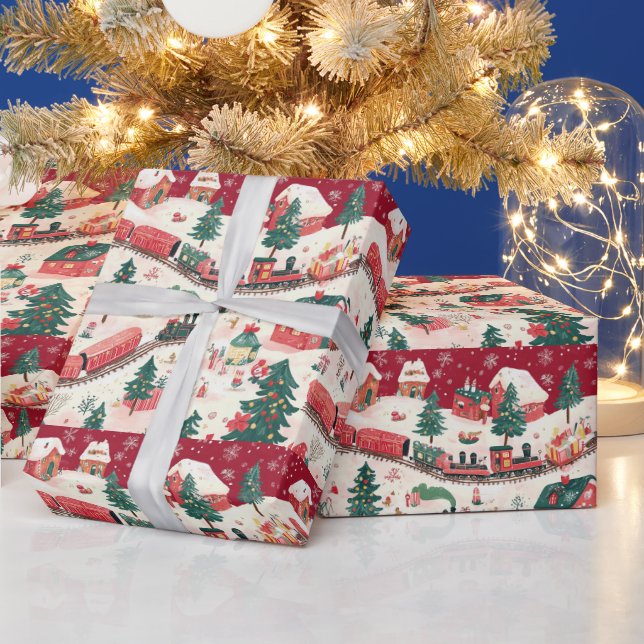 Festive tiled Christmas train pattern  Wrapping Paper (Holidays)