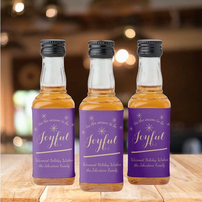 Festive tis the Season to be Joyful Elegant Mini  Liquor Bottle Label (Spice things up with a bunch of these Joyful and elegant purple and gold liquor bottle labels,)