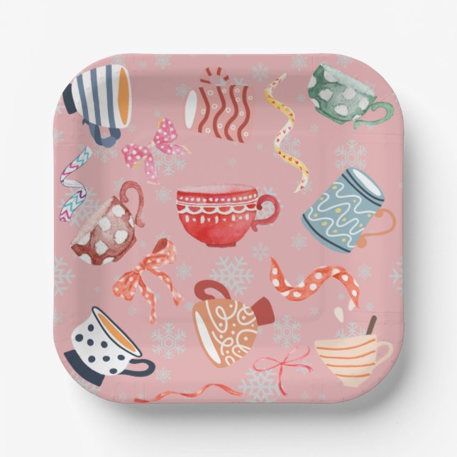 Festive traditional pattern design pink red blue   paper plate (Front)