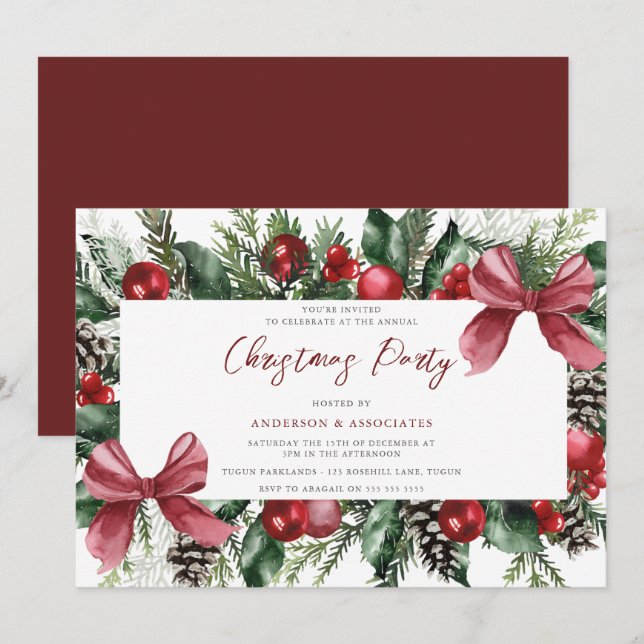 Festive Tree Balls & Bow Wreath Christmas Party Invitation (Front/Back)