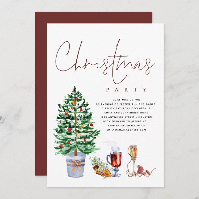 Festive Tree Drinks Script Christmas Party Invitation (Front/Back)