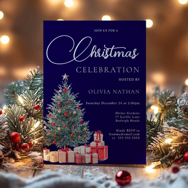Festive Tree Family Navy Corporate Christmas Party Invitation (Creator Uploaded)