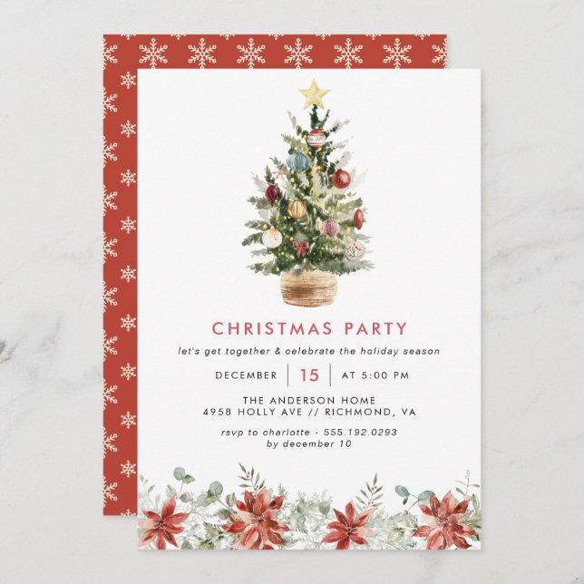 Festive Tree Fun Watercolor Family Christmas Party Invitation (Front/Back)