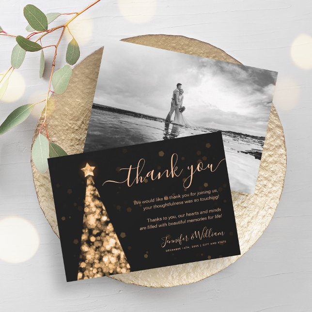 Festive Tree Gold Wedding Photo Thank You  Invitation (Festive Tree Gold Wedding Photo Thank You Invitation)
