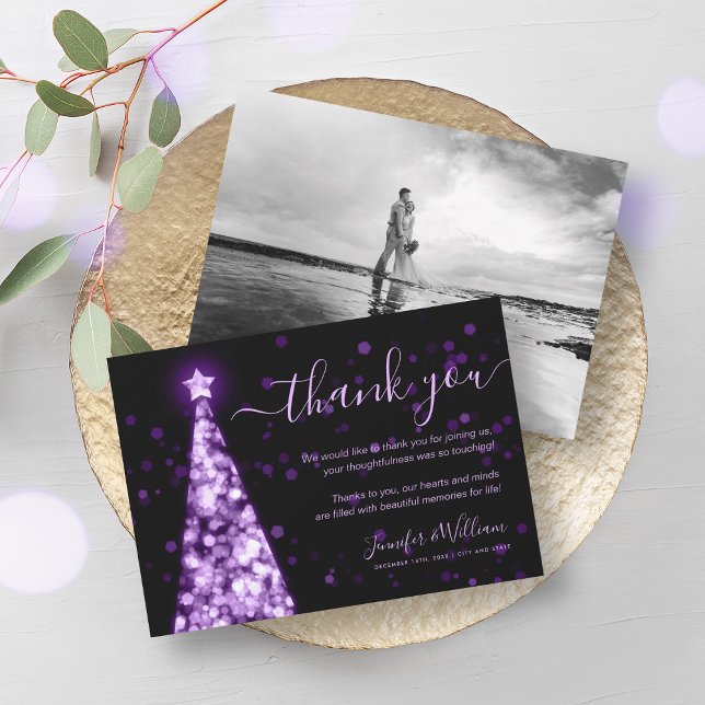 Festive Tree Purple Wedding Photo Thank You  Invitation (Festive Tree Purple Wedding Photo Thank You Invitation)