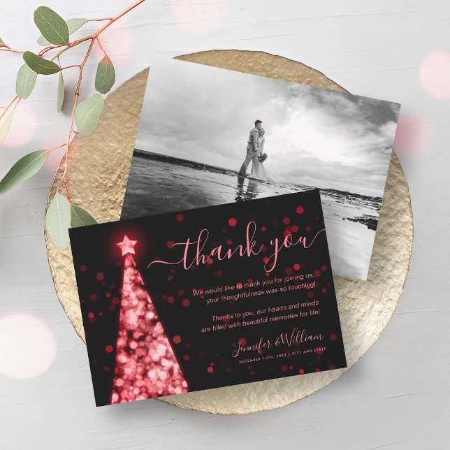 Festive Tree Red Black Wedding Photo Thank You  Invitation (Festive Tree Red Black Wedding Photo Thank You Invitation)