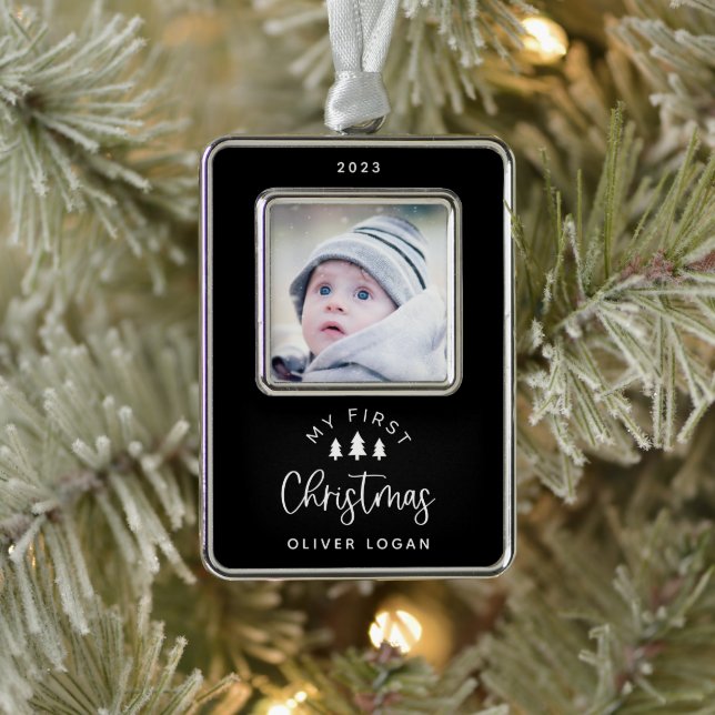 Festive Trees First Christmas Photo Silver Plated Framed Ornament (Tree)