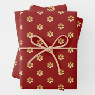 Festive Trendy Christmas Red & Gold Daisy Wrapping Paper Sheet