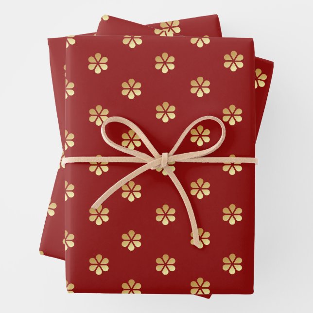 Festive Trendy Christmas Red & Gold Daisy  Wrapping Paper Sheet (In situ)