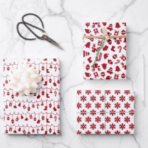 Festive Trendy Retro Red on White Xmas Pattern Wrapping Paper Sheet