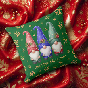 Festive Trio of Christmas Gnomes with Snowflakes Cushion