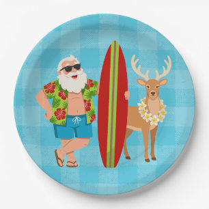 Festive Tropics Hawaiian Holiday Santa Surf Paper Plate