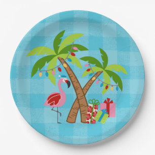 Festive Tropics Holiday Flamingo and Palm Trees Paper Plate