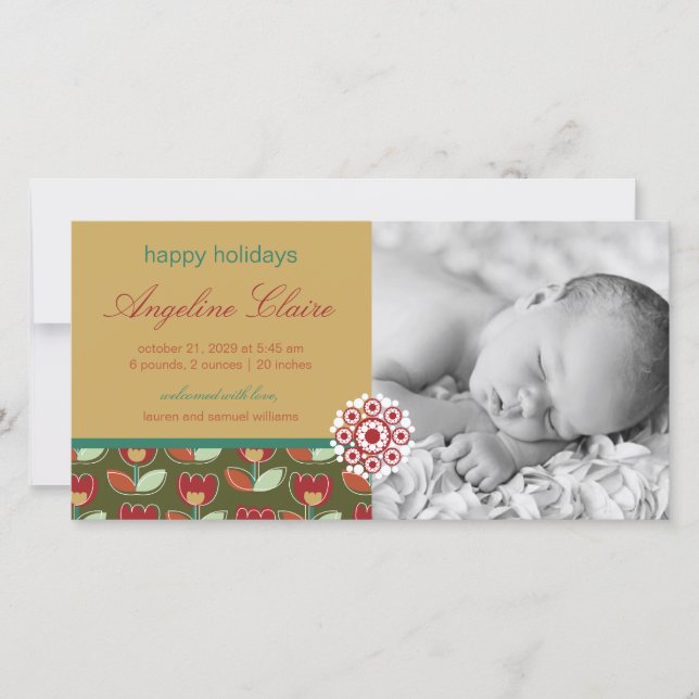 Festive Tulip Holiday Photo Birth Announcement (Front)