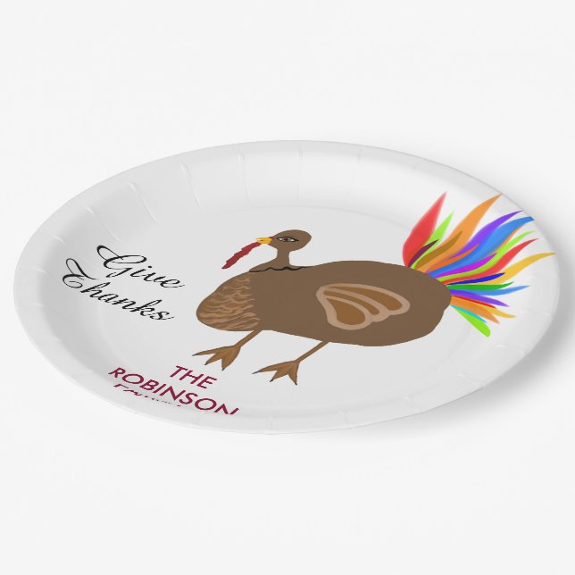 Festive Turkey Colourful Feathers Dinner Paper Plate (Angled)