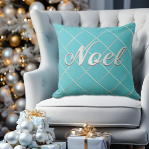 Festive Turquoise Blue & Silver 'Noel' Decorative Cushion