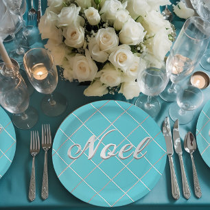Festive Turquoise Blue & Silver 'Noel' Decorative Paper Plate