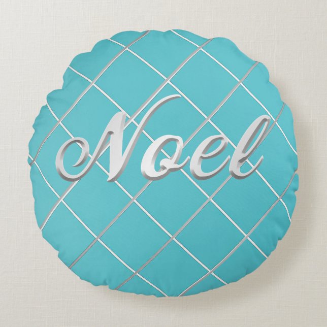 Festive Turquoise Blue & Silver 'Noel' Decorative Round Cushion (Front)