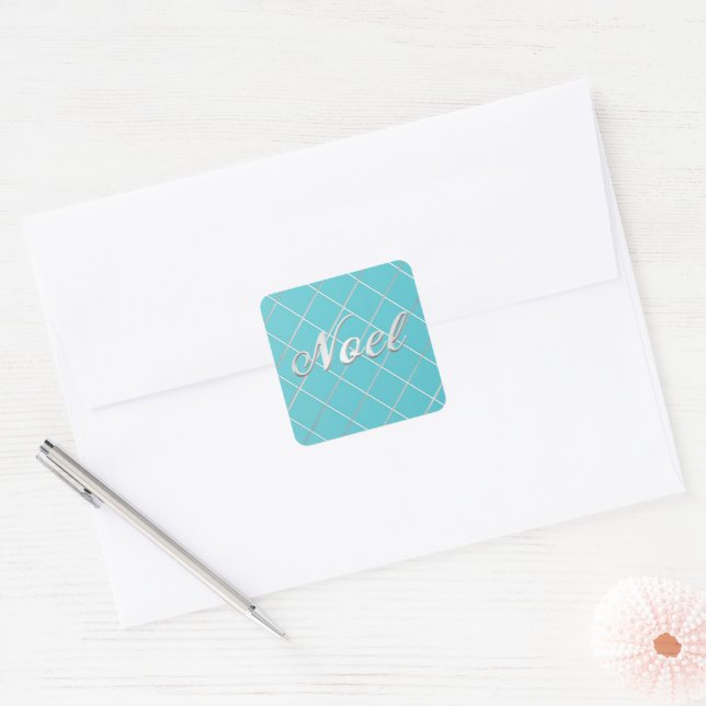 Festive Turquoise Blue & Silver 'Noel' Decorative Square Sticker (Envelope)