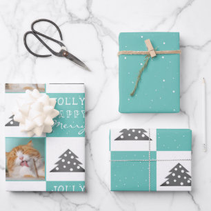 Festive Turquoise Cat Photo Christmas Tree Wrapping Paper Sheet