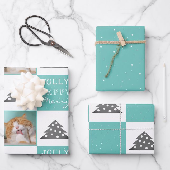 Festive Turquoise Cat Photo Christmas Tree Wrapping Paper Sheet (Front)