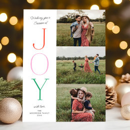 Festive Type JOY Customisable Colours THREE Photo Holiday Card