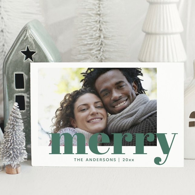 Festive Typography Green Merry Christmas Photo Holiday Card (Creator Uploaded)