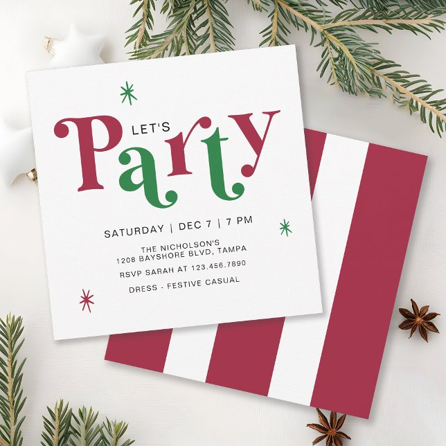 Festive Typography Let's Party Fun Holiday Invitation (Available in both printed and instant download digital formats.)