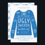 Festive Ugly Sweater Hanukkah Party Invitations<br><div class="desc">An ugly sweater with a touch of ugly designing in traditional blue and white complete with hanukkiah and presents for your jewish holiday party.</div>